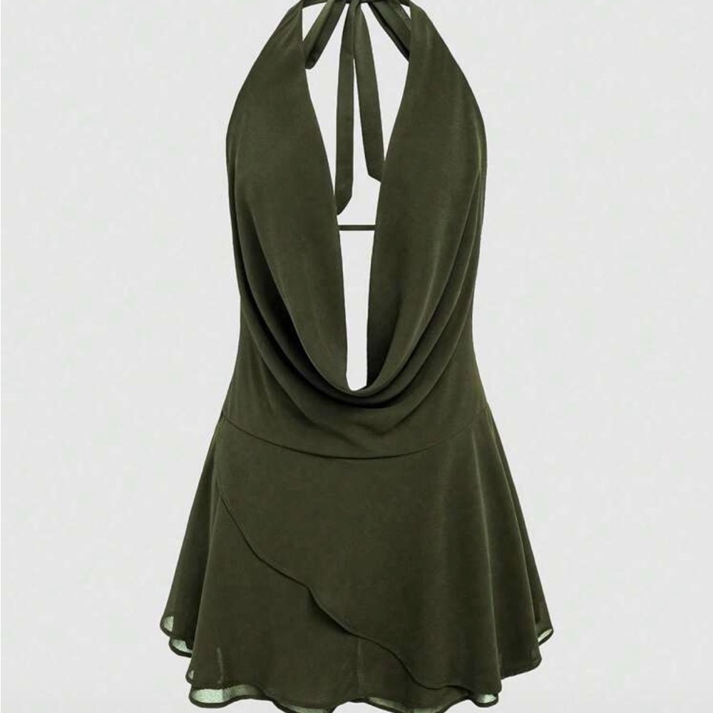 Elegant Olive Green Halter Dress